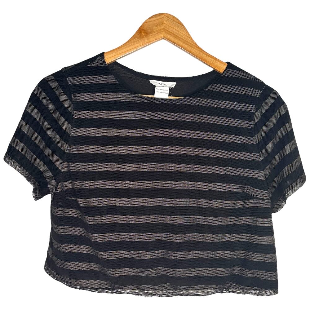 BCNU mesh striped sheer crop top black gray M